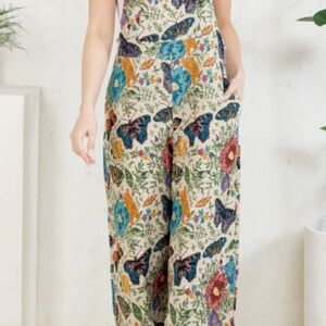 LA Soul crop tapestry overalls with butterfly print